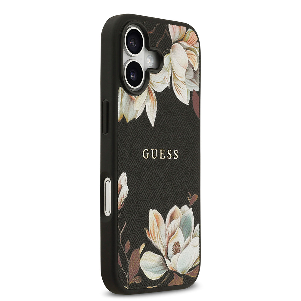 Guess iPhone 17 Orjinal Lisanslı M-safe Şarj Özellikli Taneli Çiçek Tasarımlı Metal Yazı Logolu Kılıf