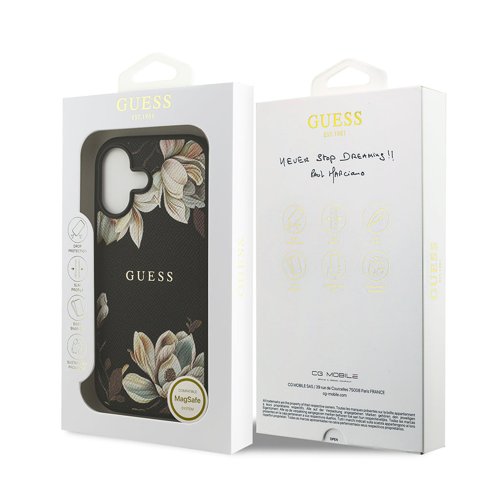 Guess iPhone 17 Orjinal Lisanslı M-safe Şarj Özellikli Taneli Çiçek Tasarımlı Metal Yazı Logolu Kılıf
