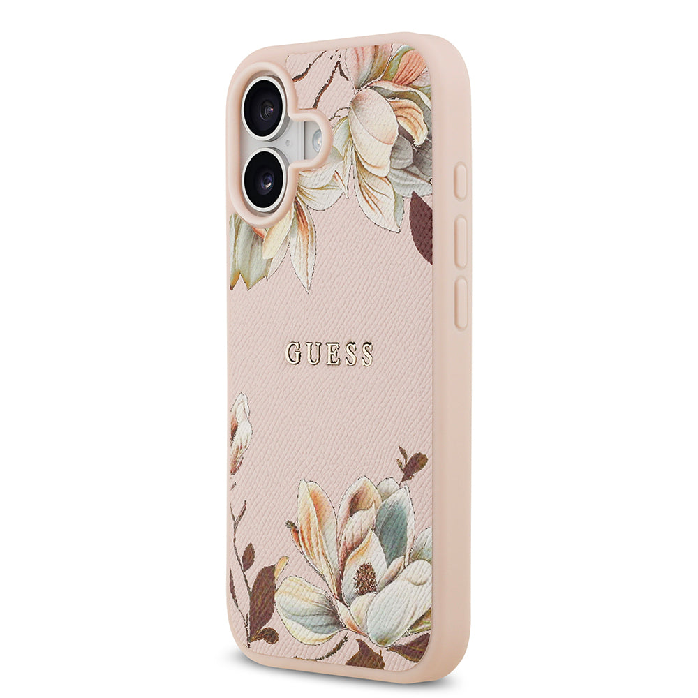 Guess iPhone 17 Orjinal Lisanslı M-safe Şarj Özellikli Taneli Çiçek Tasarımlı Metal Yazı Logolu Kılıf