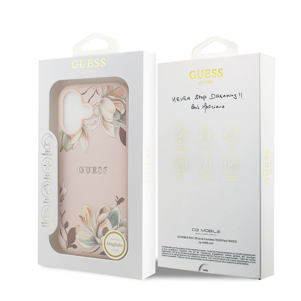 Guess iPhone 17 Orjinal Lisanslı M-safe Şarj Özellikli Taneli Çiçek Tasarımlı Metal Yazı Logolu Kılıf