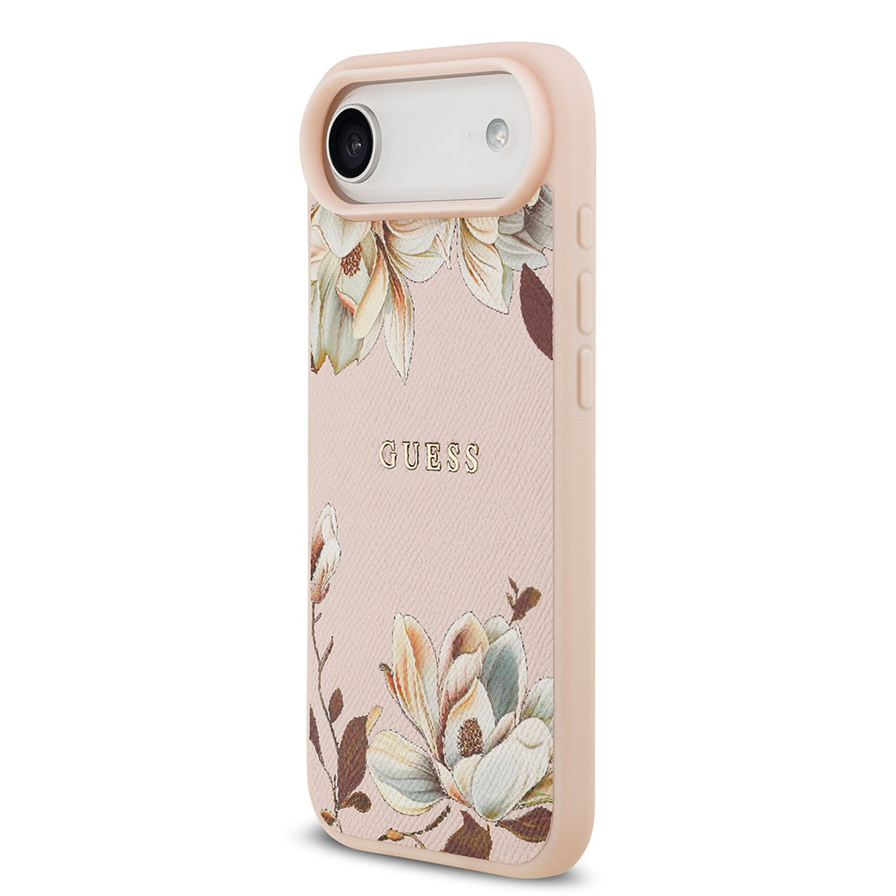 Guess iPhone 17 Air Orjinal Lisanslı M-safe Şarj Özellikli Taneli Çiçek Tasarımlı Metal Yazı Logolu Kılıf