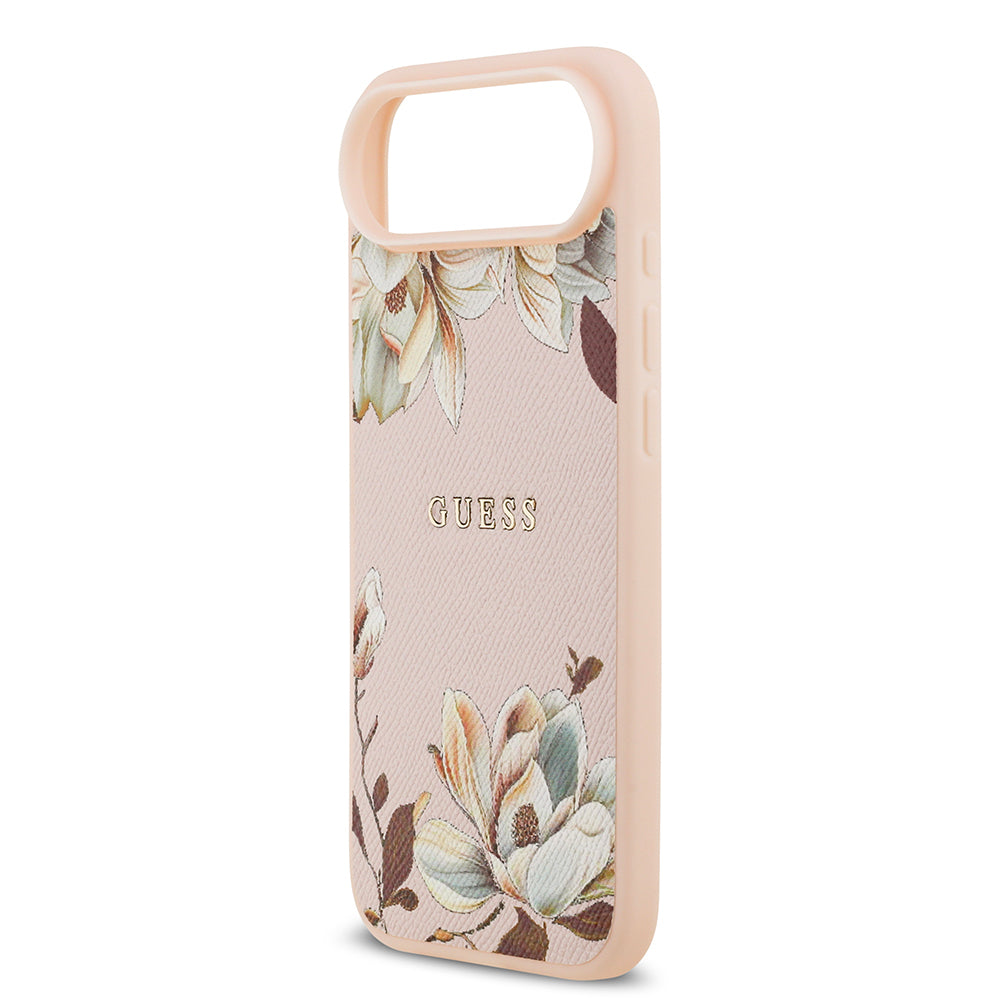 Guess iPhone 17 Air Orjinal Lisanslı M-safe Şarj Özellikli Taneli Çiçek Tasarımlı Metal Yazı Logolu Kılıf