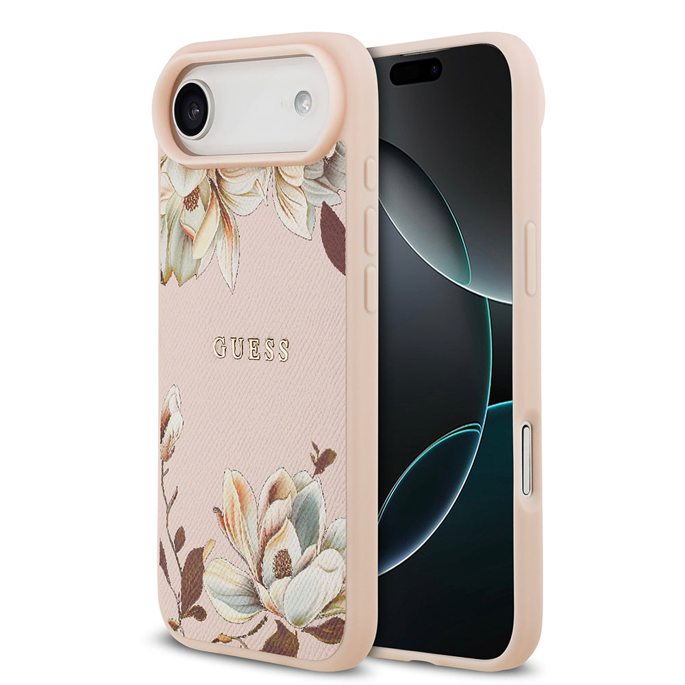 Guess iPhone 17 Air Orjinal Lisanslı M-safe Şarj Özellikli Taneli Çiçek Tasarımlı Metal Yazı Logolu Kılıf