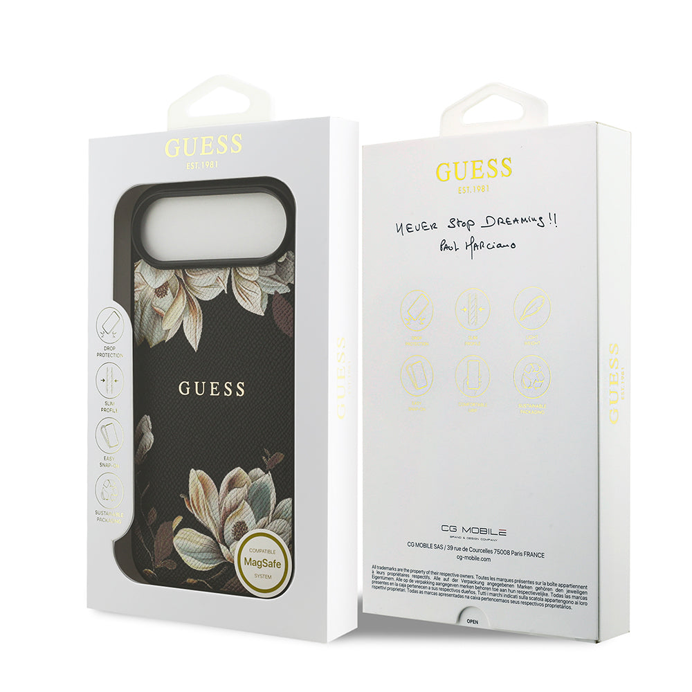 Guess iPhone 17 Air Orjinal Lisanslı M-safe Şarj Özellikli Taneli Çiçek Tasarımlı Metal Yazı Logolu Kılıf