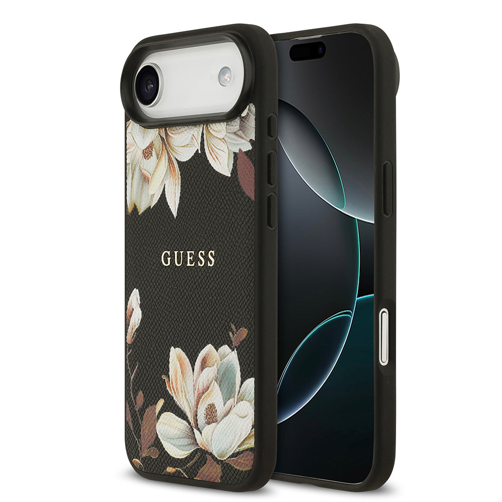 Guess iPhone 17 Air Orjinal Lisanslı M-safe Şarj Özellikli Taneli Çiçek Tasarımlı Metal Yazı Logolu Kılıf