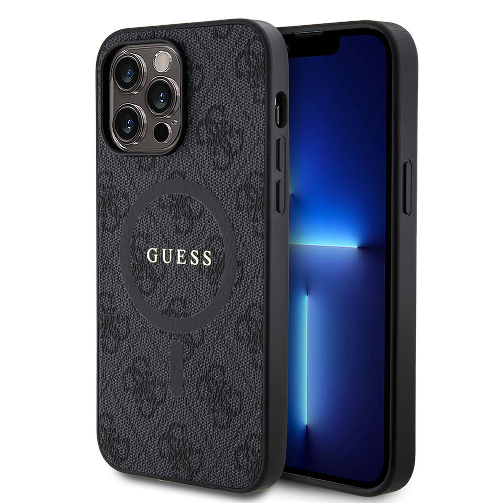 Guess iPhone 14 Pro Max Orjinal Lisanslı M-safe Şarj Özellikli PU Halkalı 4G Desenli Yazı Logolu Kılıf