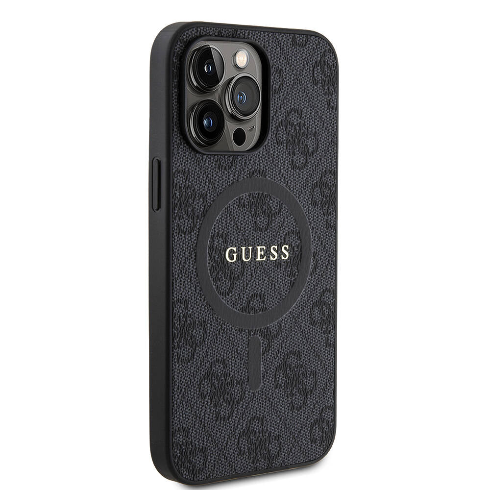 Guess iPhone 14 Pro Max Orjinal Lisanslı M-safe Şarj Özellikli PU Halkalı 4G Desenli Yazı Logolu Kılıf