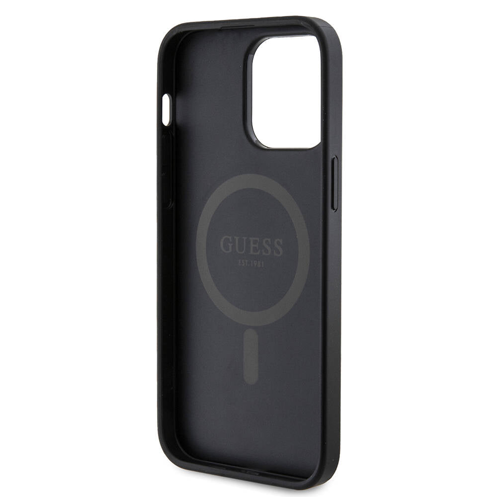 Guess iPhone 14 Pro Max Orjinal Lisanslı M-safe Şarj Özellikli PU Halkalı 4G Desenli Yazı Logolu Kılıf