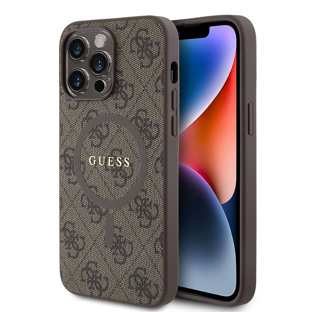 Guess iPhone 14 Pro Max Orjinal Lisanslı M-safe Şarj Özellikli PU Halkalı 4G Desenli Yazı Logolu Kılıf