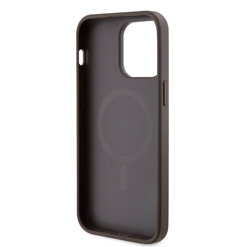 Guess iPhone 14 Pro Max Orjinal Lisanslı M-safe Şarj Özellikli PU Halkalı 4G Desenli Yazı Logolu Kılıf