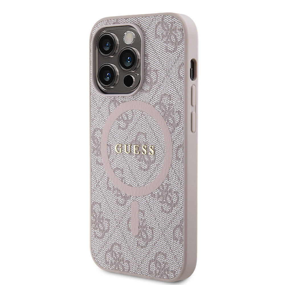 Guess iPhone 14 Pro Max Orjinal Lisanslı M-safe Şarj Özellikli PU Halkalı 4G Desenli Yazı Logolu Kılıf