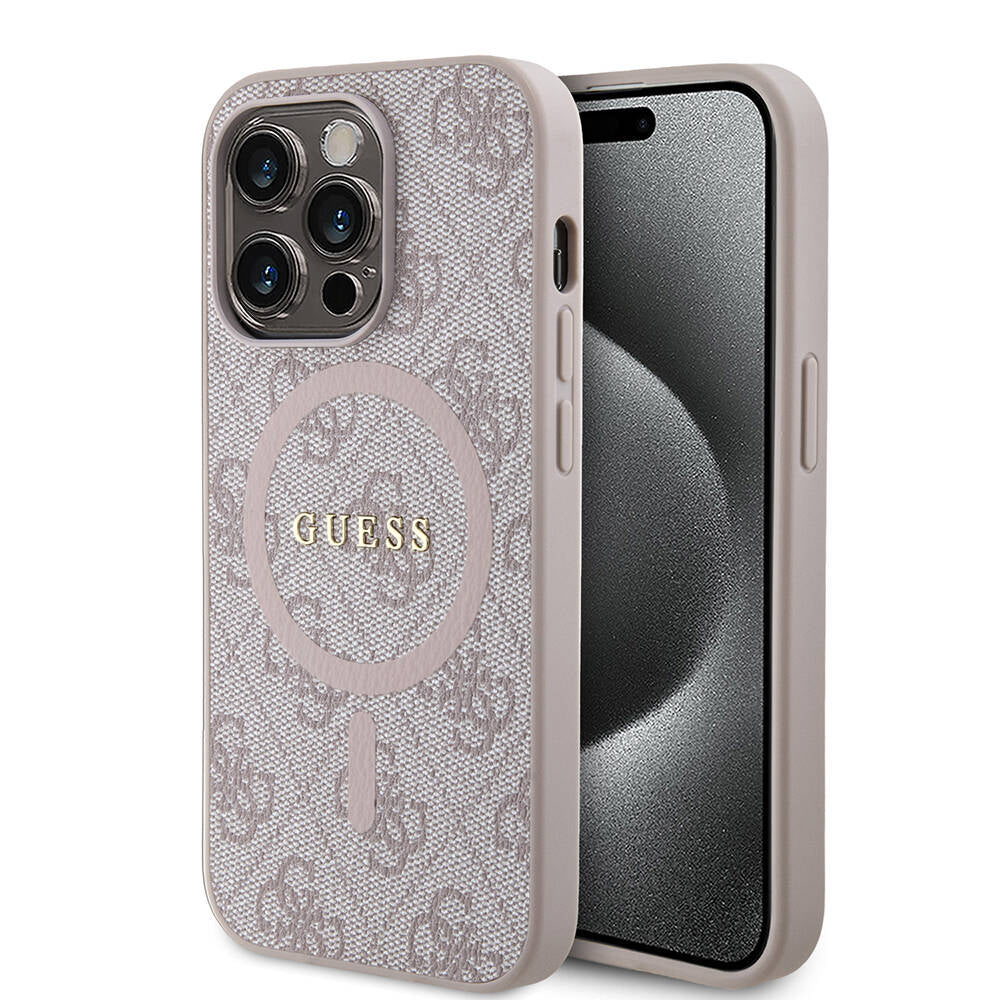 Guess iPhone 14 Pro Max Orjinal Lisanslı M-safe Şarj Özellikli PU Halkalı 4G Desenli Yazı Logolu Kılıf