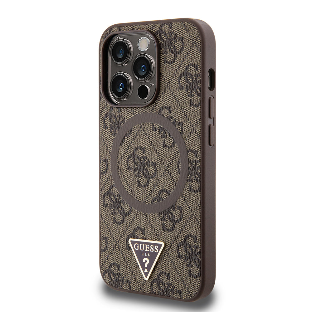 Guess iPhone 14 Pro Max Orjinal Lisanslı M-safe Şarj Özellikli PU Üçgen Logo 4G Desenli Kılıf