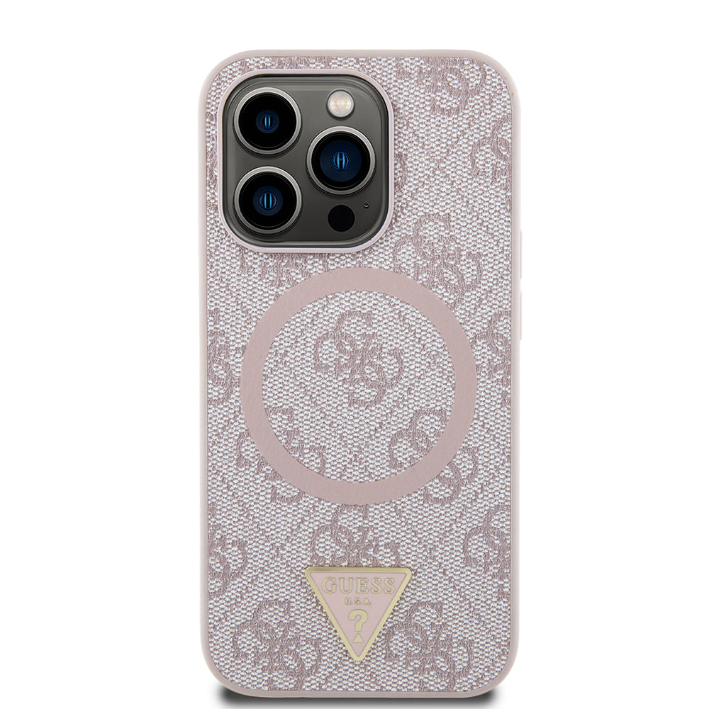 Guess iPhone 14 Pro Max Orjinal Lisanslı M-safe Şarj Özellikli PU Üçgen Logo 4G Desenli Kılıf