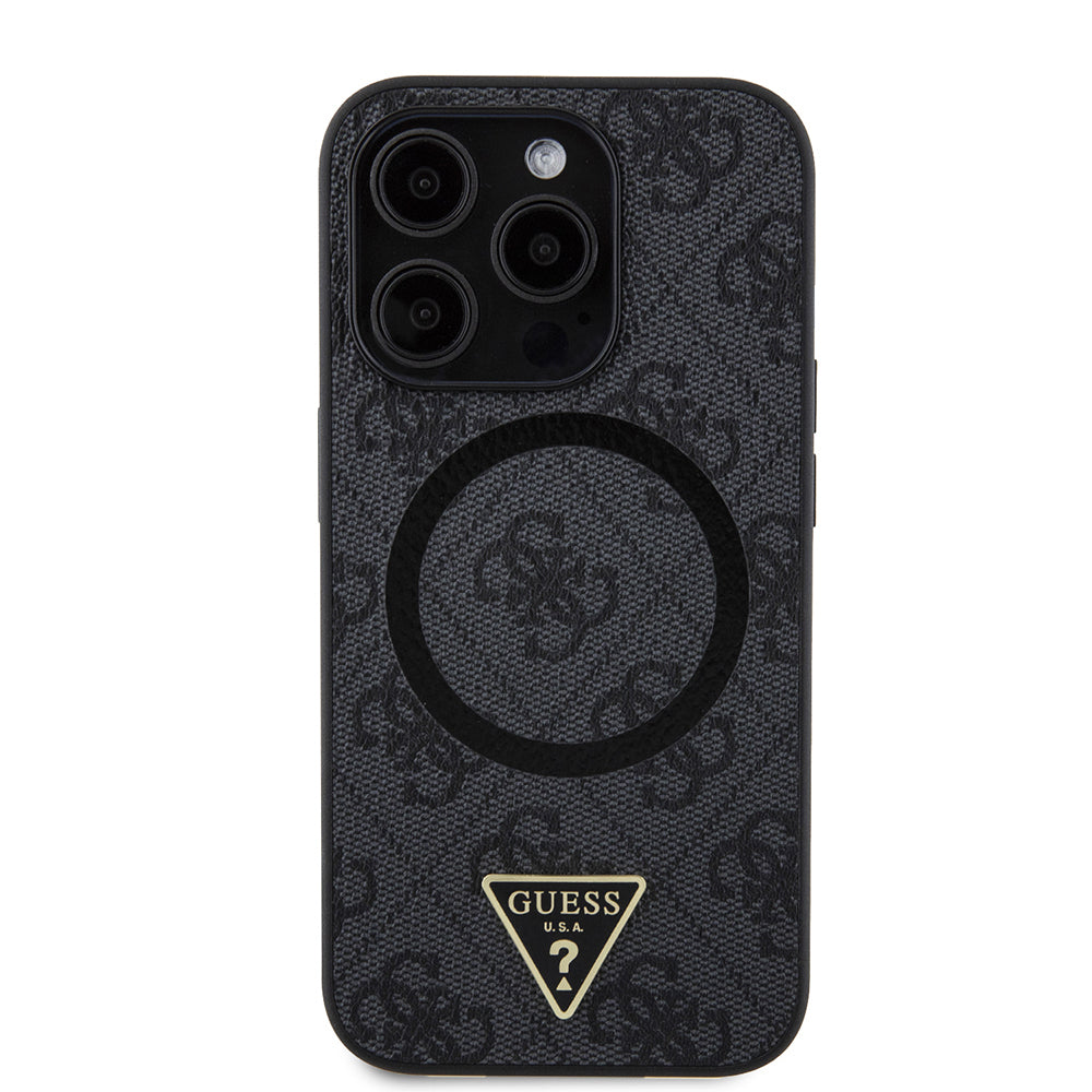 Guess iPhone 14 Pro Max Orjinal Lisanslı M-safe Şarj Özellikli PU Üçgen Logo 4G Desenli Kılıf
