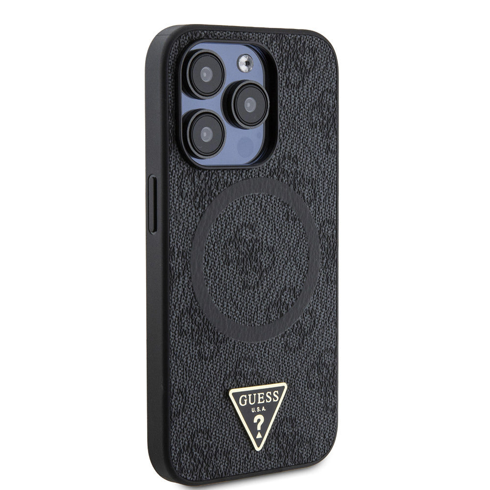 Guess iPhone 14 Pro Max Orjinal Lisanslı M-safe Şarj Özellikli PU Üçgen Logo 4G Desenli Kılıf
