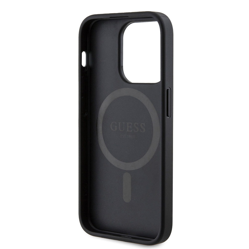Guess iPhone 14 Pro Max Orjinal Lisanslı M-safe Şarj Özellikli PU Üçgen Logo 4G Desenli Kılıf
