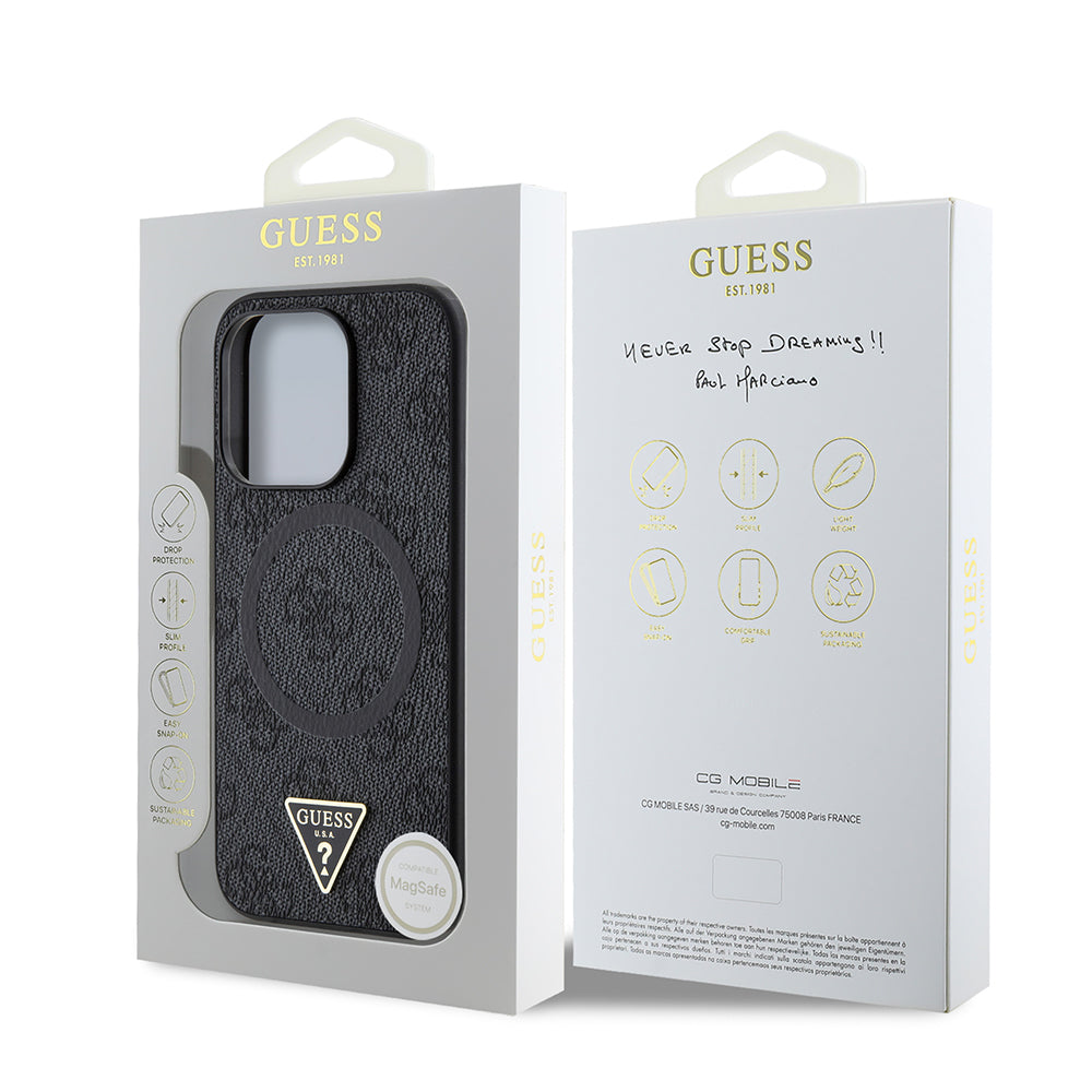 Guess iPhone 14 Pro Max Orjinal Lisanslı M-safe Şarj Özellikli PU Üçgen Logo 4G Desenli Kılıf