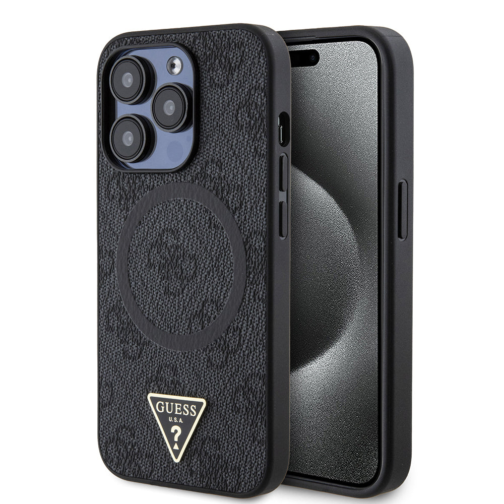 Guess iPhone 14 Pro Max Orjinal Lisanslı M-safe Şarj Özellikli PU Üçgen Logo 4G Desenli Kılıf