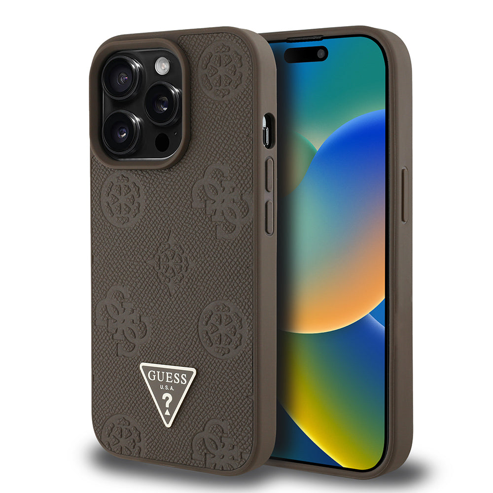 Guess iPhone 14 Pro Max Orjinal Lisanslı M-safe Şarj Özellikli Sıcak Baskılı Üçgen Logolu PU Deri Peony Kılıf