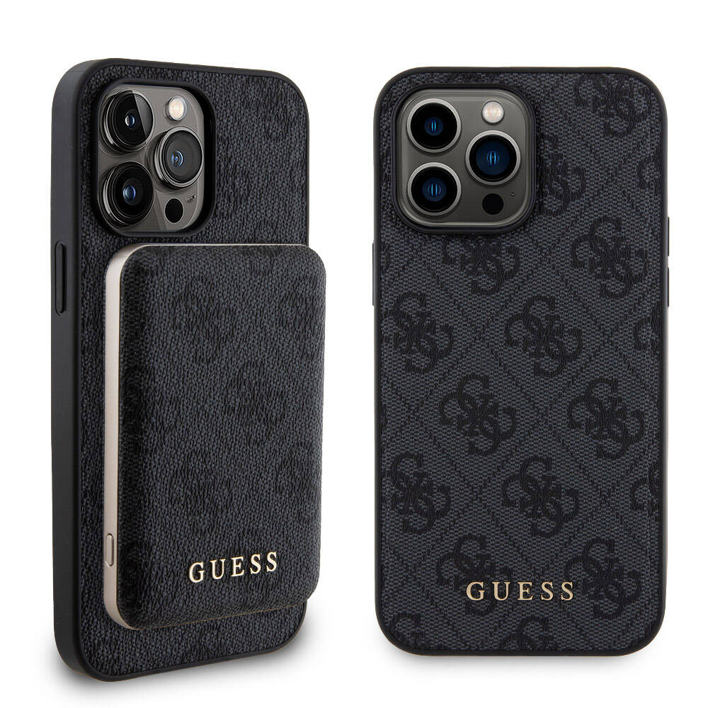 Guess iPhone 14 Pro Max Orjinal Lisanslı Magsafe Şarj Özellikli Yazı Logolu 4G Desenli Telefon Kılıfı + Powerbank 5000mAh 2in1 Set