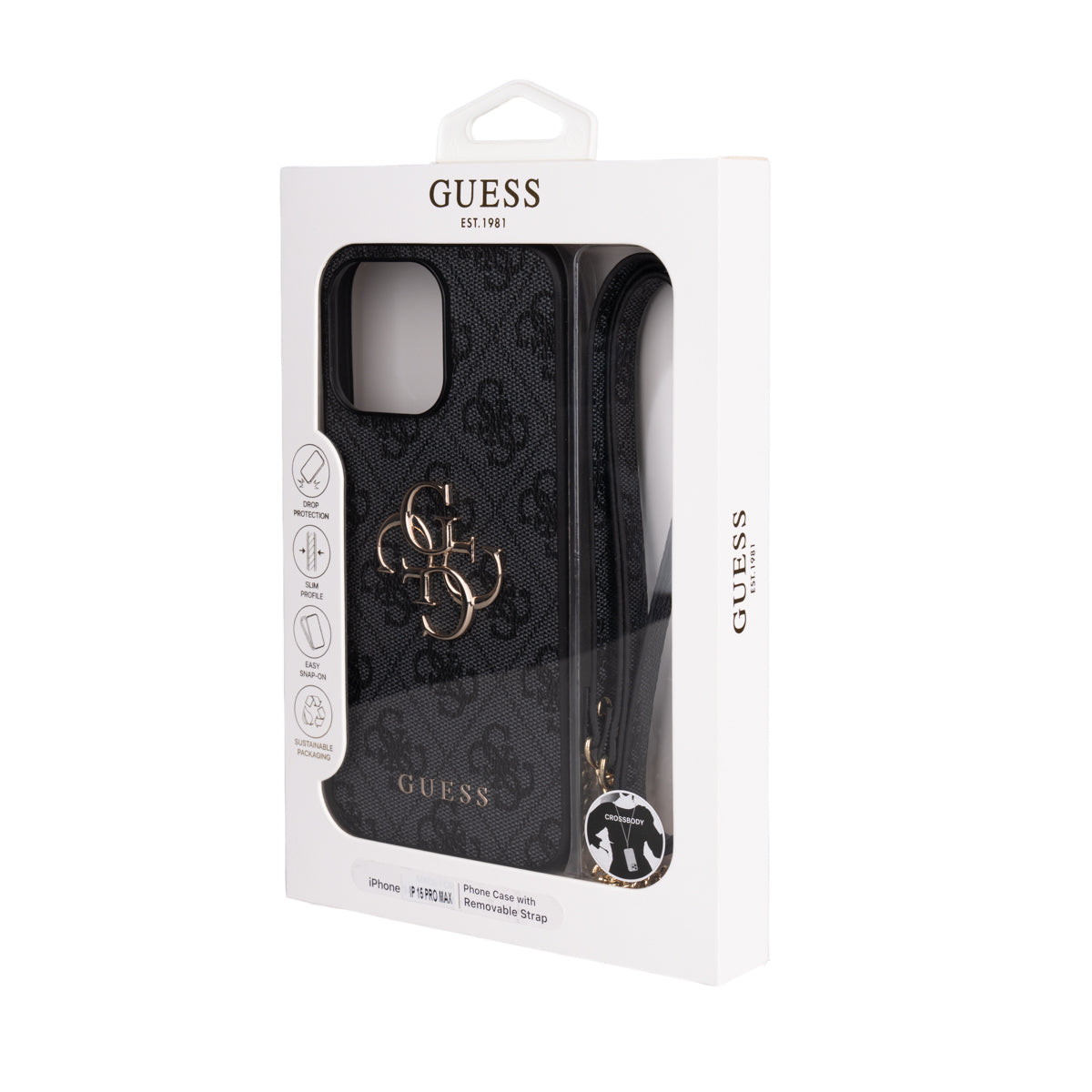 Guess iPhone 14 Pro Max Orjinal Lisanslı PU Deri 4G Büyük Metal Logolu Çapraz Vücut Askılı Telefon Kılıfı