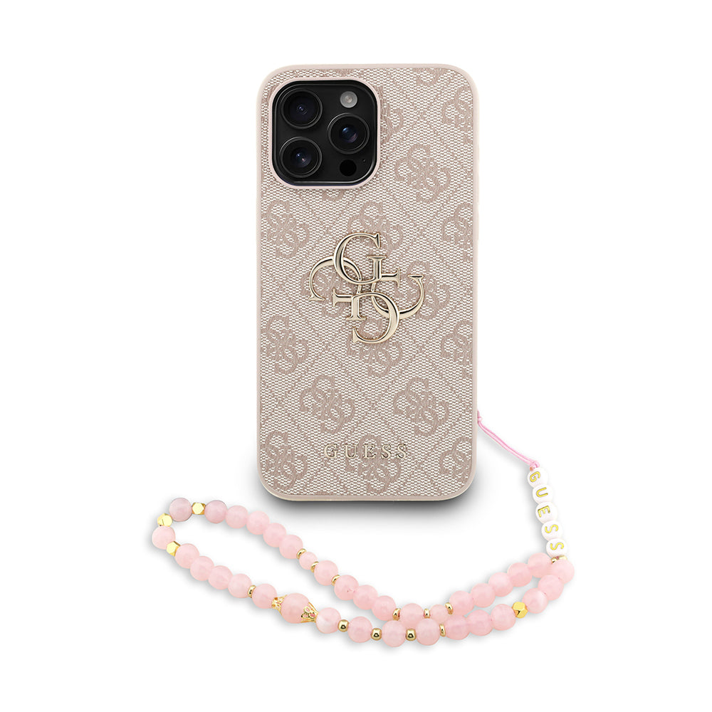 Guess iPhone 14 Pro Max Orjinal Lisanslı PU Deri Bilek Askı İpli Metal Büyük 4G ve Yazı Logolu Kılıf