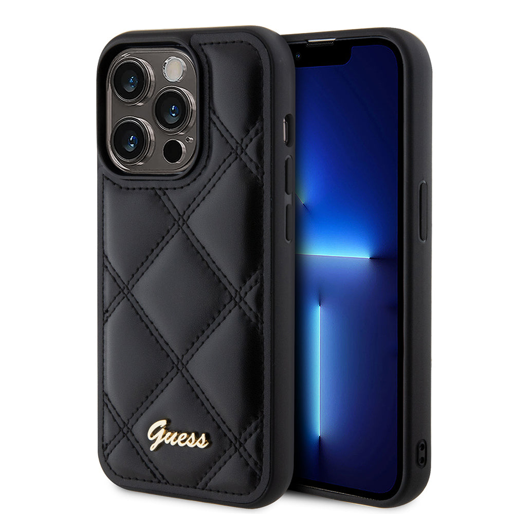 Guess iPhone 14 Pro Max Orjinal Lisanslı PU Deri Metal Yazı Logolu Kapitone Kılıf