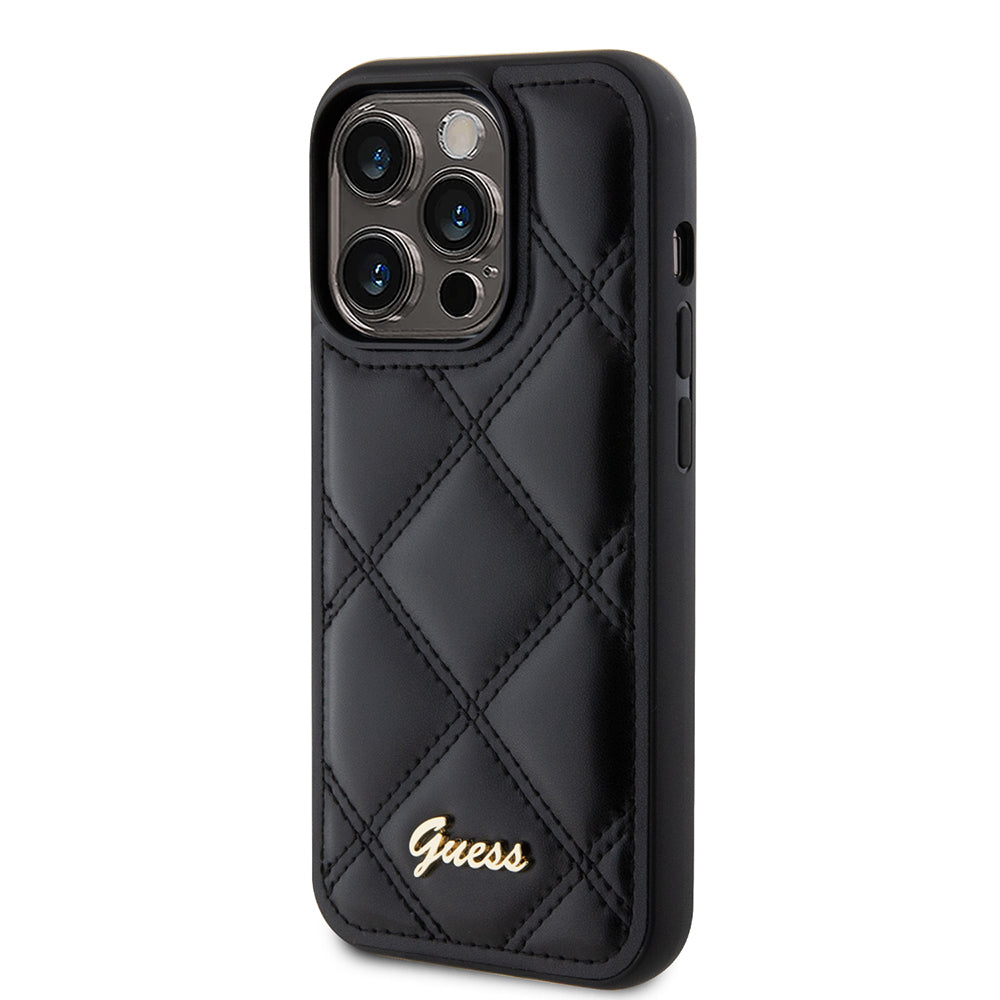 Guess iPhone 14 Pro Max Orjinal Lisanslı PU Deri Metal Yazı Logolu Kapitone Kılıf