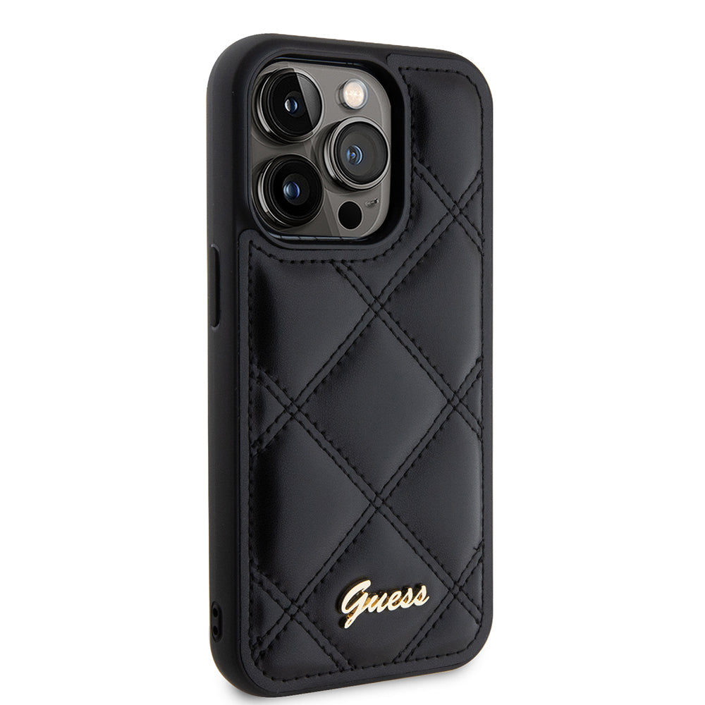 Guess iPhone 14 Pro Max Orjinal Lisanslı PU Deri Metal Yazı Logolu Kapitone Kılıf