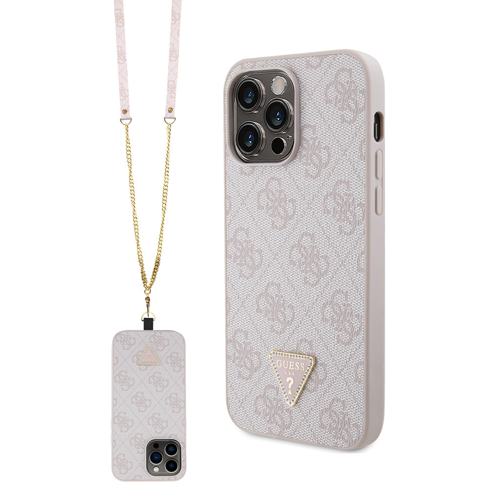 Guess iPhone 14 Pro Max Orjinal Lisanslı PU Deri Taşlı Metal Üçgen Logolu Çapraz Vücut Askılı 4G Desenli Kılıf