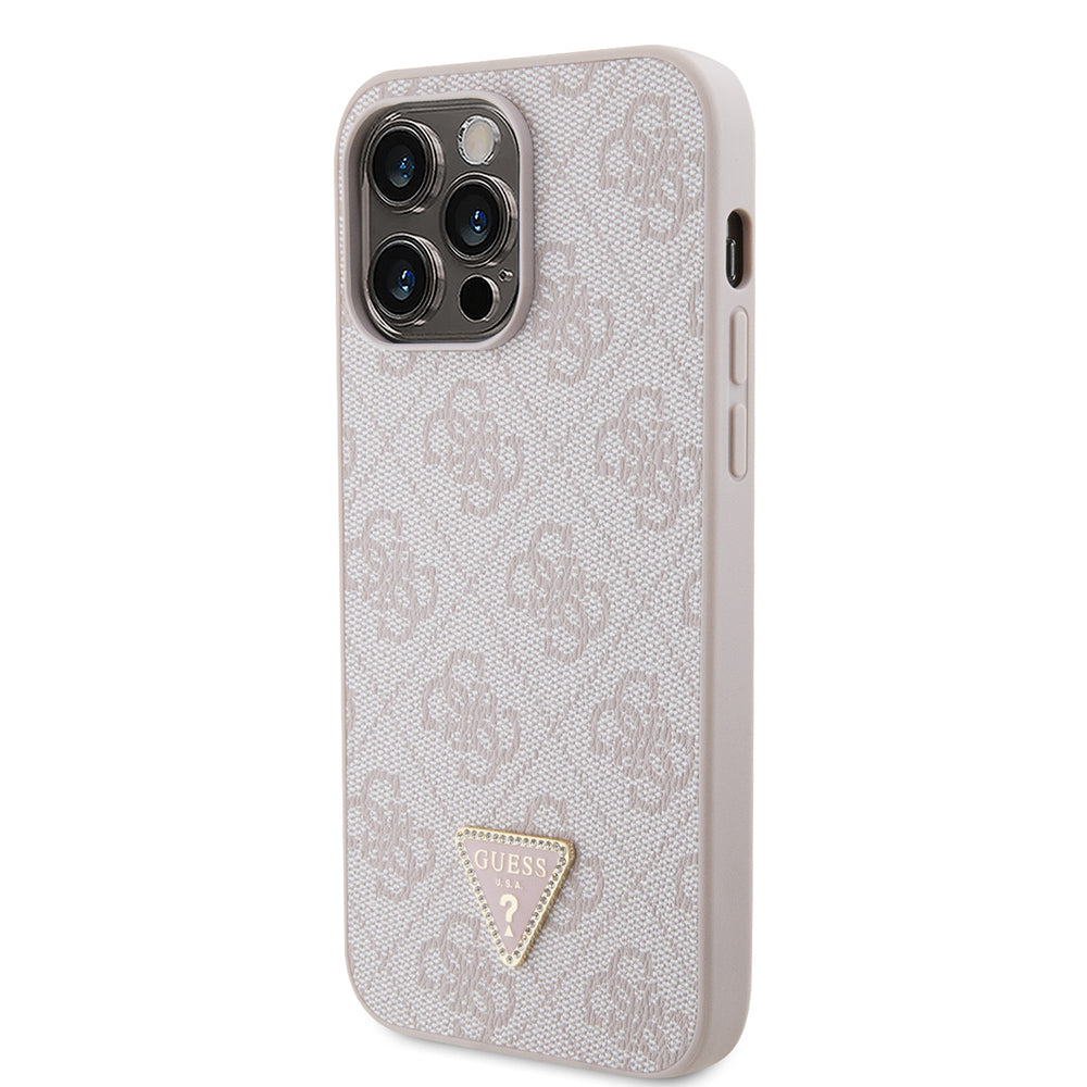 Guess iPhone 14 Pro Max Orjinal Lisanslı PU Deri Taşlı Metal Üçgen Logolu Çapraz Vücut Askılı 4G Desenli Kılıf