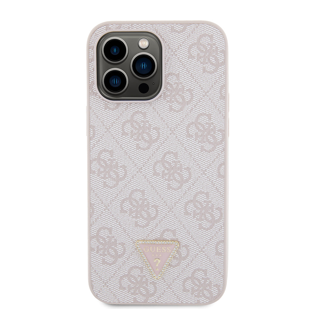 Guess iPhone 14 Pro Max Orjinal Lisanslı PU Deri Taşlı Metal Üçgen Logolu Çapraz Vücut Askılı 4G Desenli Kılıf