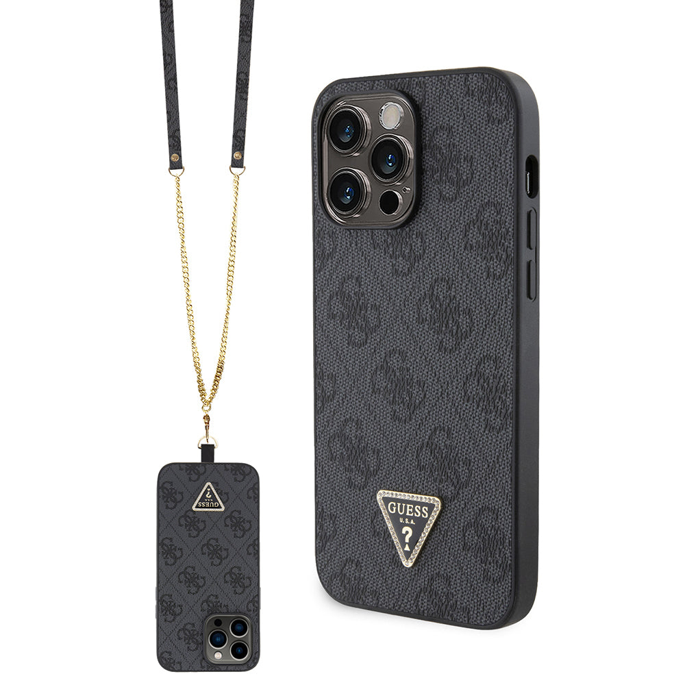 Guess iPhone 14 Pro Max Orjinal Lisanslı PU Deri Taşlı Metal Üçgen Logolu Çapraz Vücut Askılı 4G Desenli Kılıf