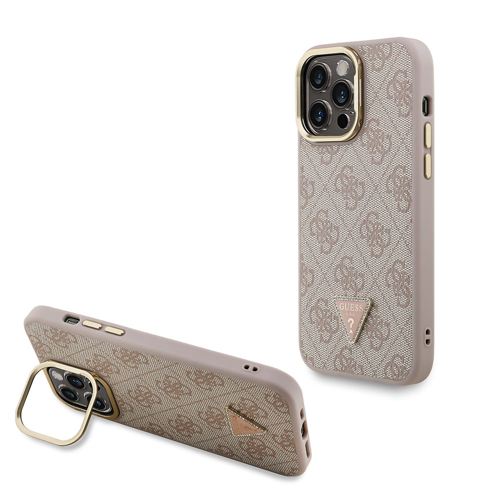 Guess iPhone 14 Pro Max Orjinal Lisanslı PU Deri Taşlı Üçgen Logo 4G Desenli Kamera Standlı Kılıf