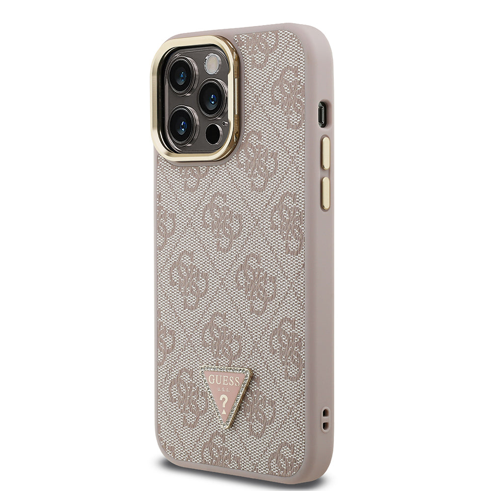 Guess iPhone 14 Pro Max Orjinal Lisanslı PU Deri Taşlı Üçgen Logo 4G Desenli Kamera Standlı Kılıf