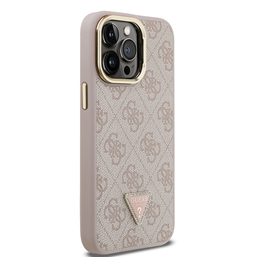 Guess iPhone 14 Pro Max Orjinal Lisanslı PU Deri Taşlı Üçgen Logo 4G Desenli Kamera Standlı Kılıf
