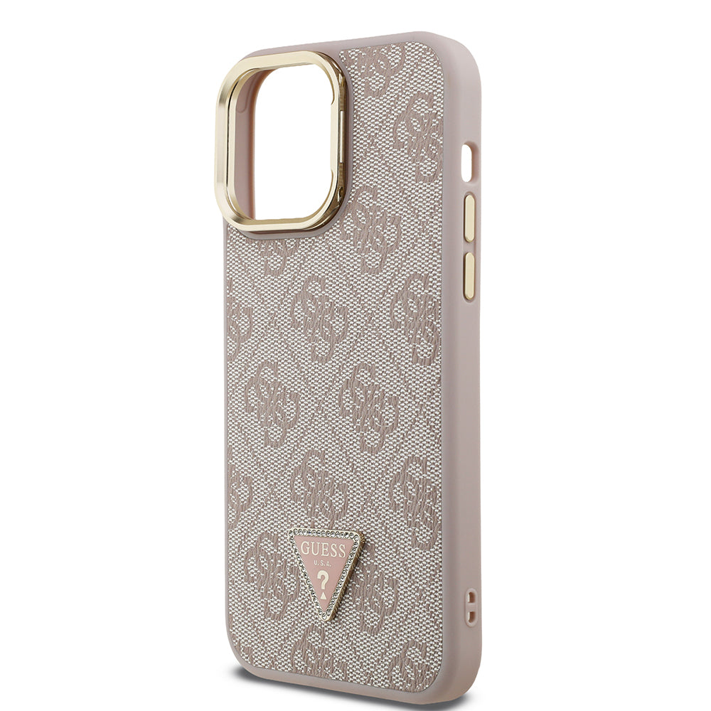 Guess iPhone 14 Pro Max Orjinal Lisanslı PU Deri Taşlı Üçgen Logo 4G Desenli Kamera Standlı Kılıf