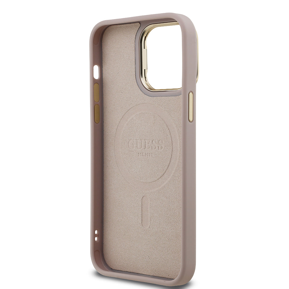 Guess iPhone 14 Pro Max Orjinal Lisanslı PU Deri Taşlı Üçgen Logo 4G Desenli Kamera Standlı Kılıf
