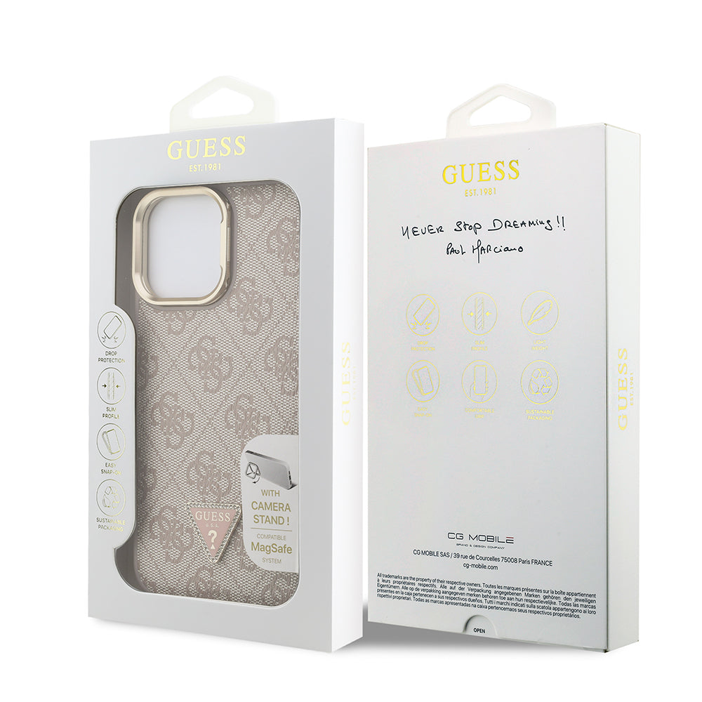 Guess iPhone 14 Pro Max Orjinal Lisanslı PU Deri Taşlı Üçgen Logo 4G Desenli Kamera Standlı Kılıf