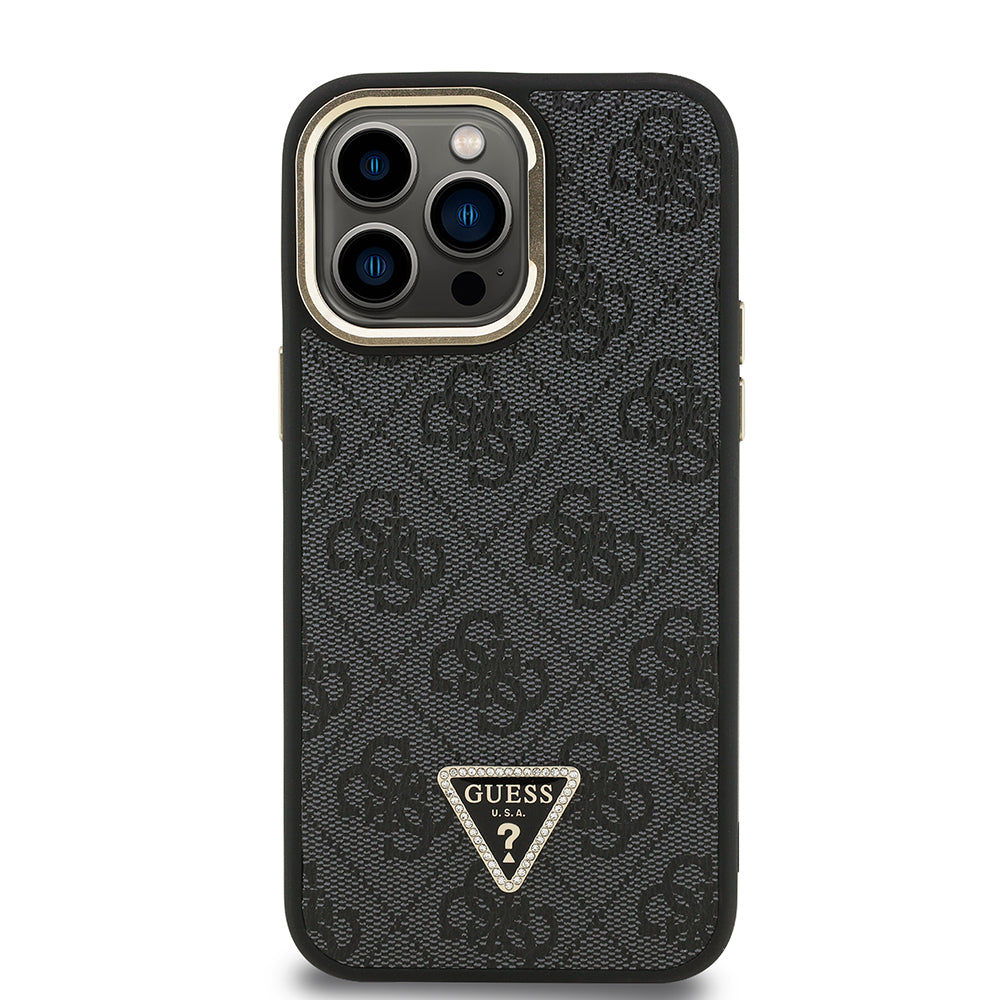 Guess iPhone 14 Pro Max Orjinal Lisanslı PU Deri Taşlı Üçgen Logo 4G Desenli Kamera Standlı Kılıf