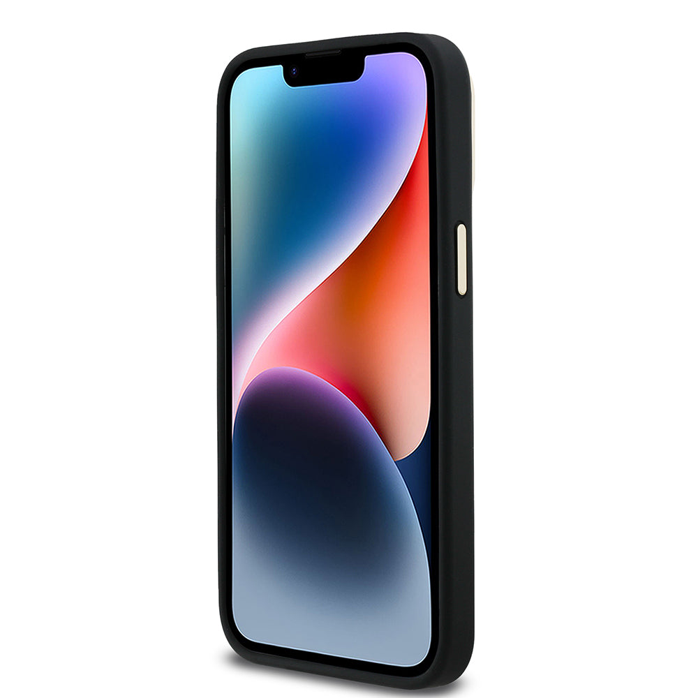 Guess iPhone 14 Pro Max Orjinal Lisanslı PU Deri Taşlı Üçgen Logo 4G Desenli Kamera Standlı Kılıf