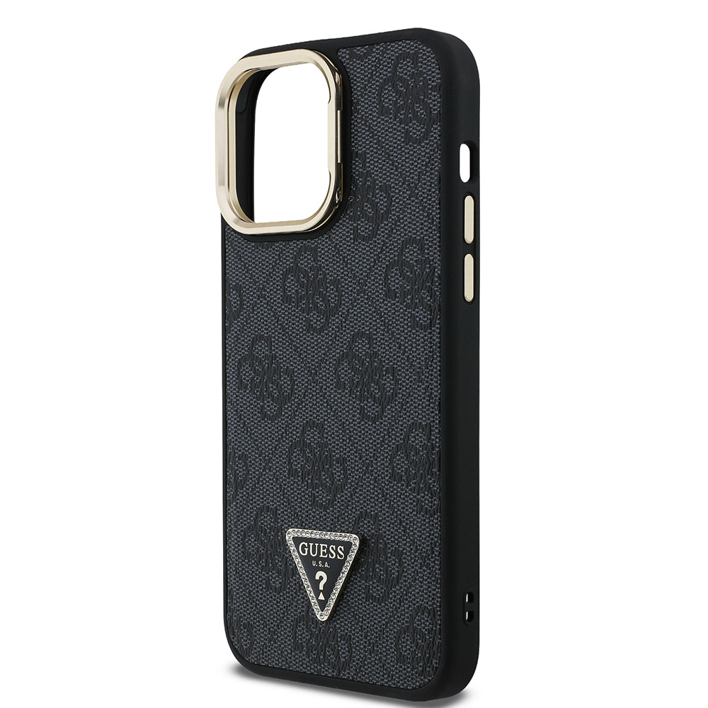 Guess iPhone 14 Pro Max Orjinal Lisanslı PU Deri Taşlı Üçgen Logo 4G Desenli Kamera Standlı Kılıf