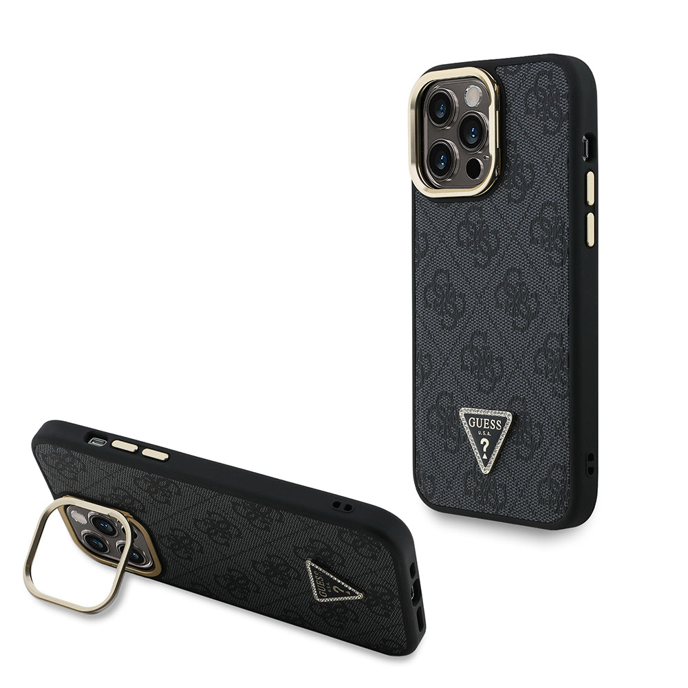 Guess iPhone 14 Pro Max Orjinal Lisanslı PU Deri Taşlı Üçgen Logo 4G Desenli Kamera Standlı Kılıf