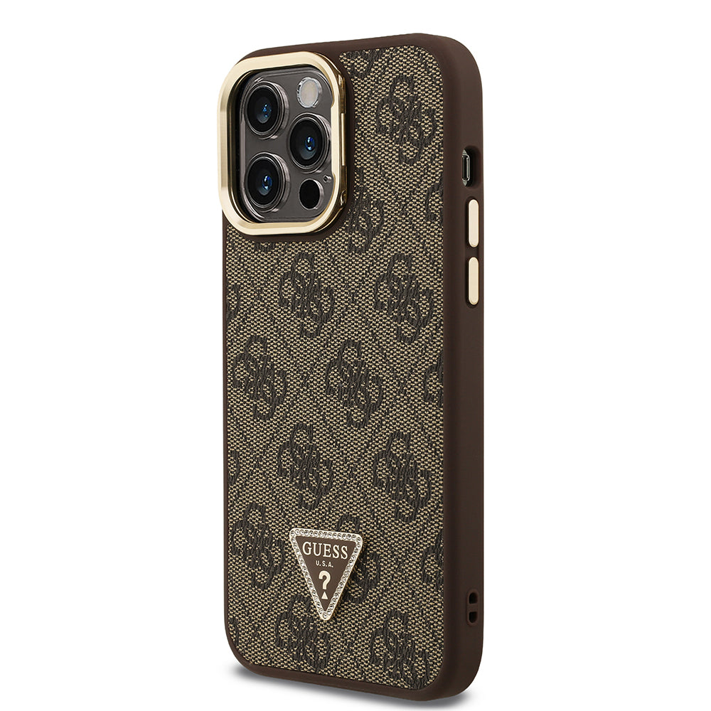 Guess iPhone 14 Pro Max Orjinal Lisanslı PU Deri Taşlı Üçgen Logo 4G Desenli Kamera Standlı Kılıf