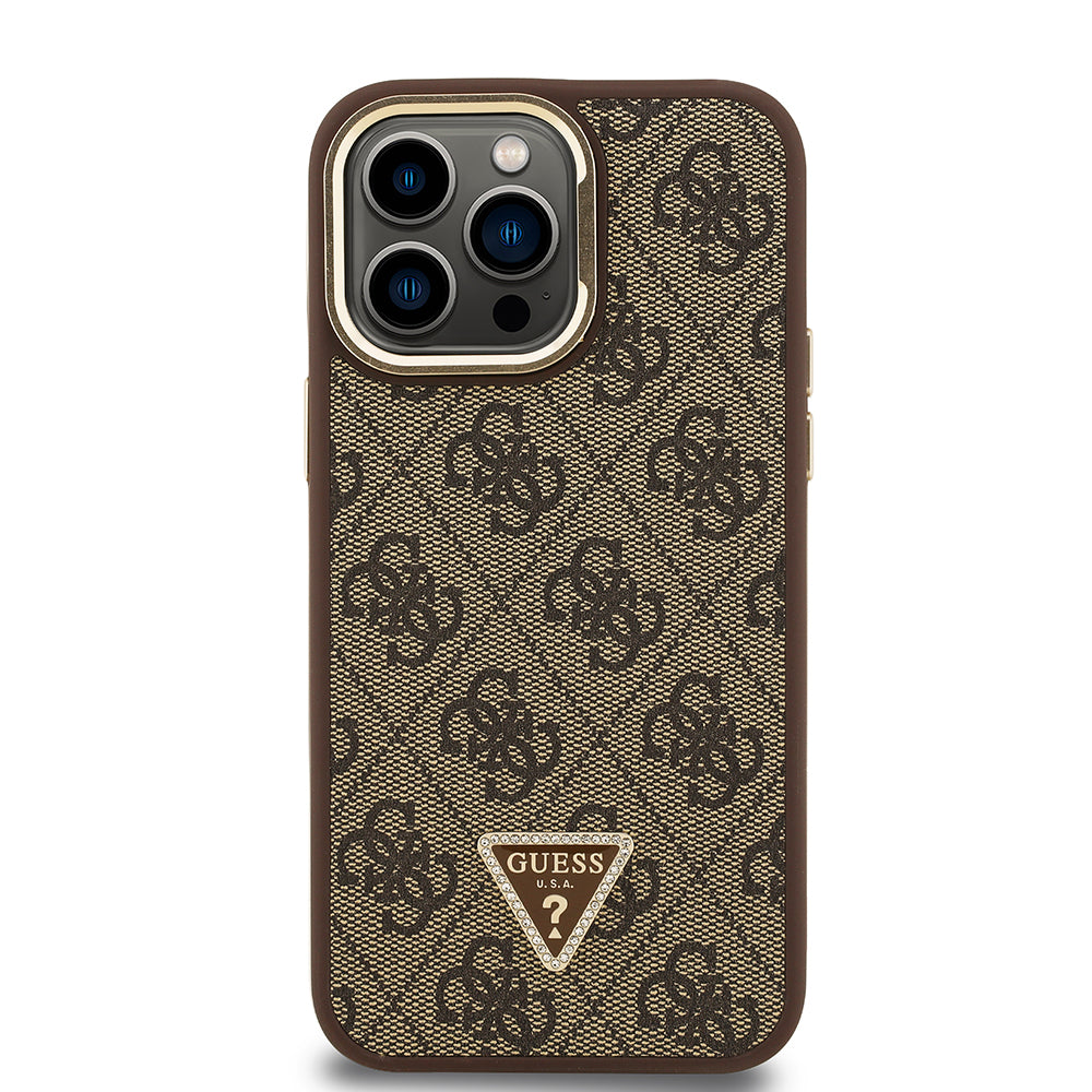 Guess iPhone 14 Pro Max Orjinal Lisanslı PU Deri Taşlı Üçgen Logo 4G Desenli Kamera Standlı Kılıf