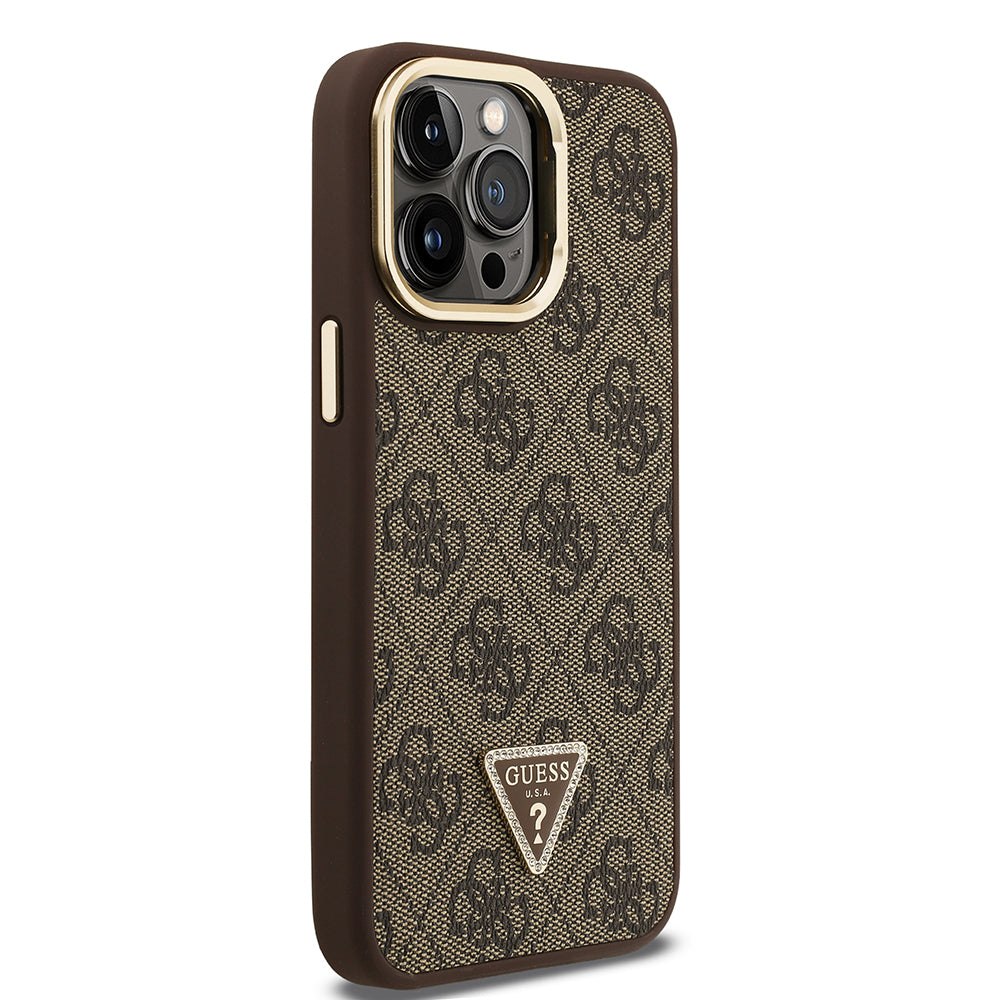 Guess iPhone 14 Pro Max Orjinal Lisanslı PU Deri Taşlı Üçgen Logo 4G Desenli Kamera Standlı Kılıf