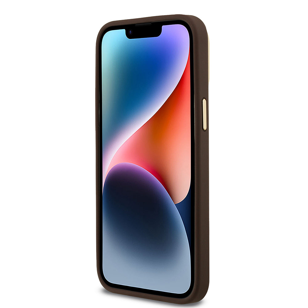 Guess iPhone 14 Pro Max Orjinal Lisanslı PU Deri Taşlı Üçgen Logo 4G Desenli Kamera Standlı Kılıf