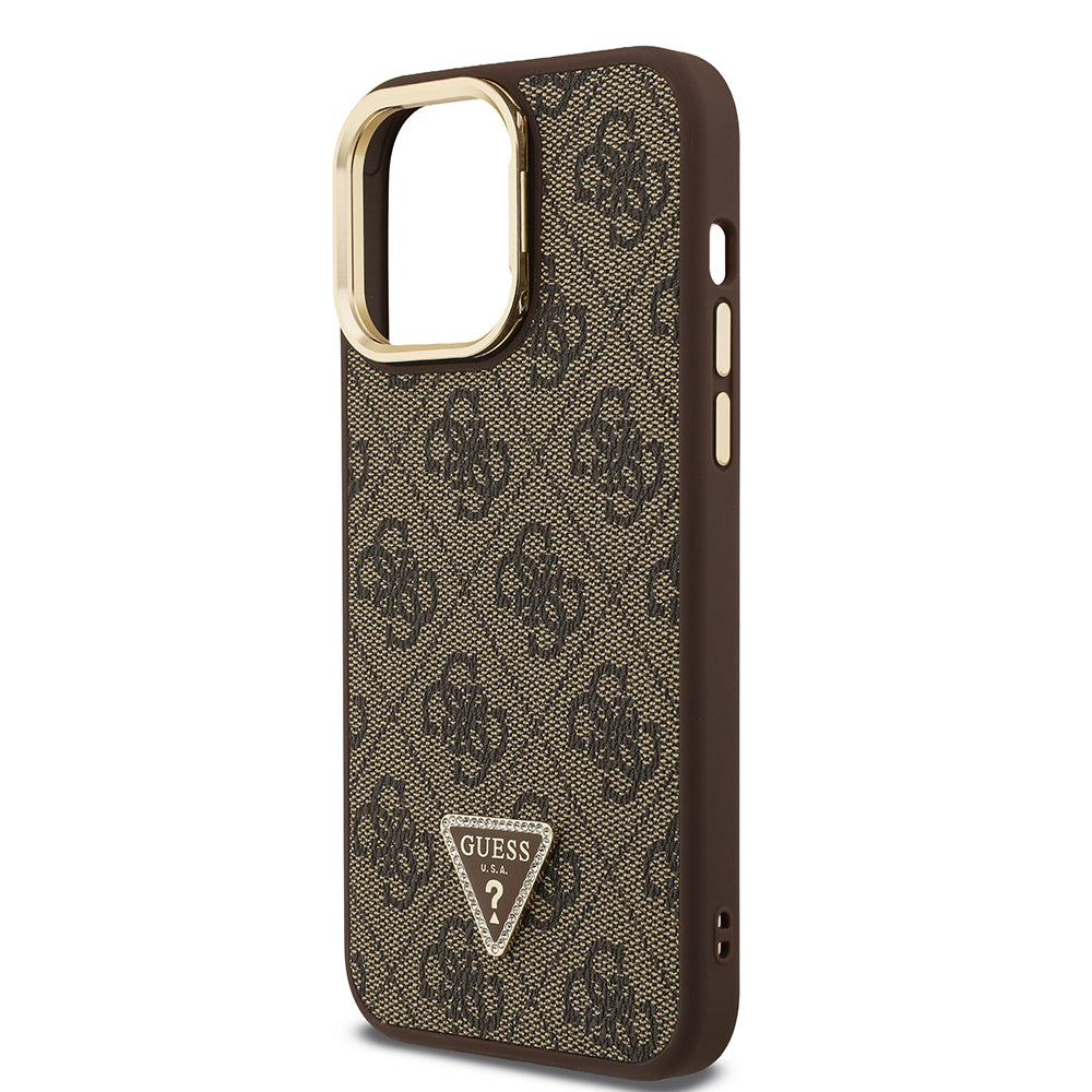 Guess iPhone 14 Pro Max Orjinal Lisanslı PU Deri Taşlı Üçgen Logo 4G Desenli Kamera Standlı Kılıf