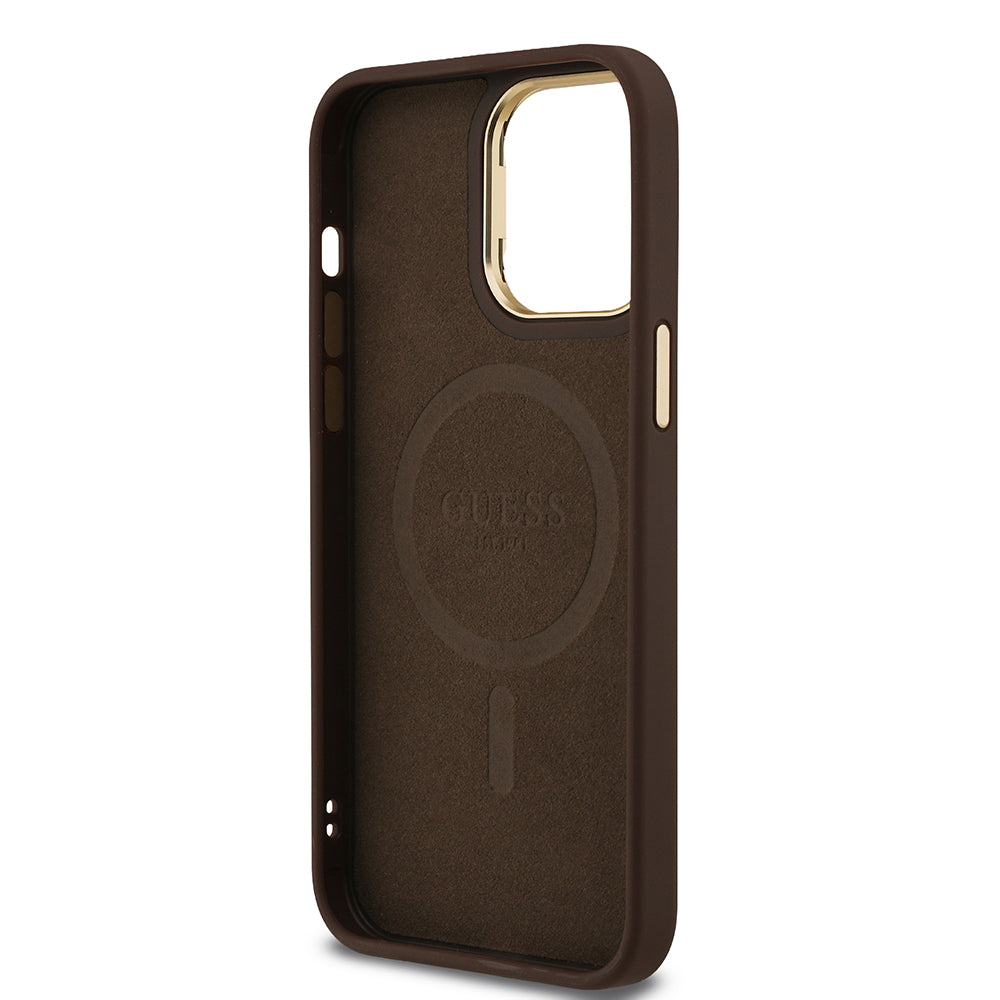 Guess iPhone 14 Pro Max Orjinal Lisanslı PU Deri Taşlı Üçgen Logo 4G Desenli Kamera Standlı Kılıf